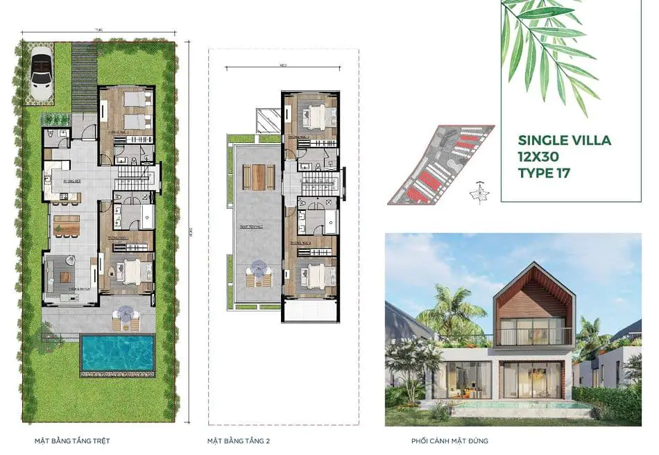 Mặt bằng biệt thự đơn lập 12 x 30 m NovaWorld Hồ Tràm
