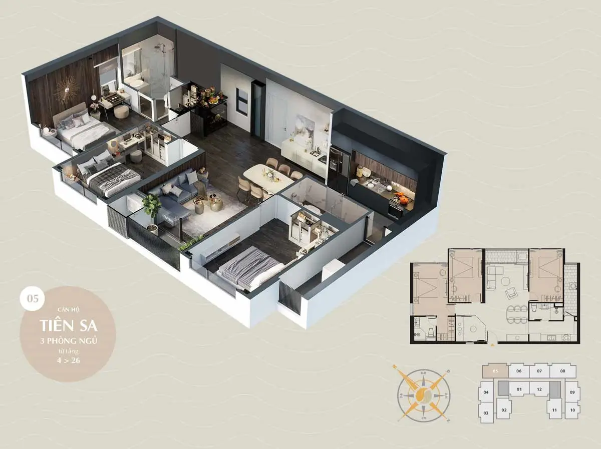 The Sang Residence 13 Thiết kế Căn hộ Tiên Sa 3PN The Sang Residence Đà Nẵng