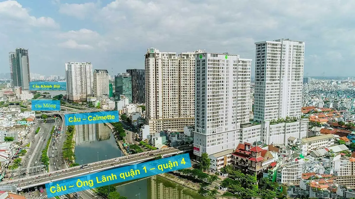 Hình minh họa vị trí RiverGate Residence cạnh cầu Ông Lãnh, với hướng kết nối qua cầu Calmette