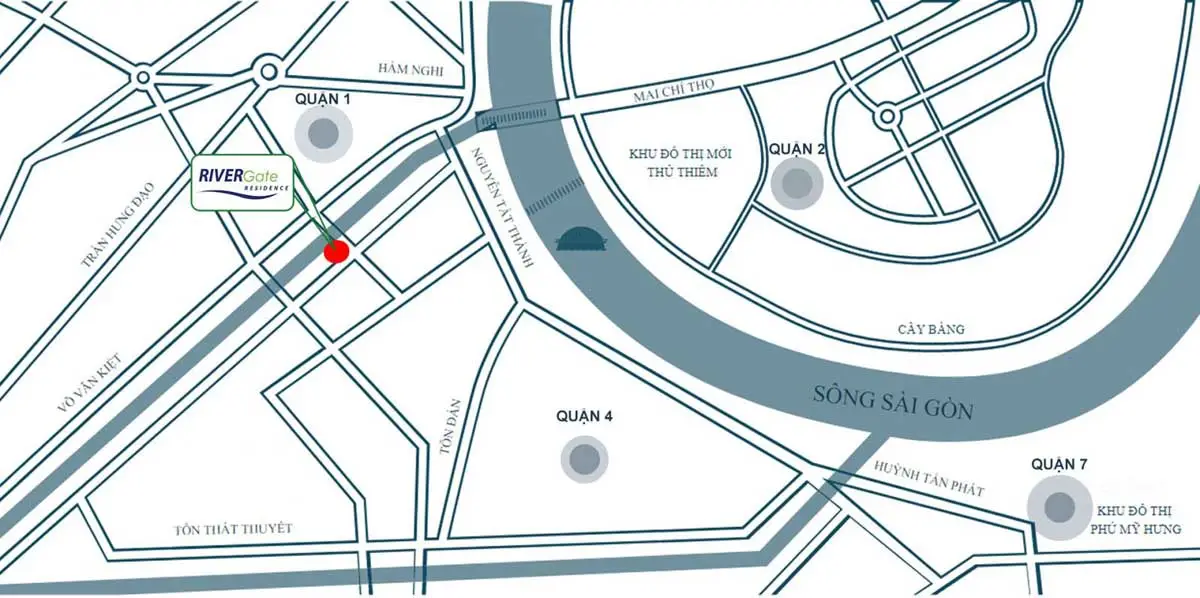Sơ đồ vị trí RiverGate Residence và các tuyến đường kết nối khu trung tâm