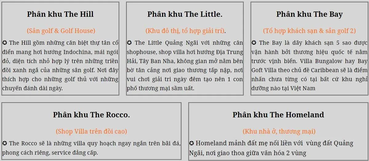 Thông tin các Phân khu chính tại Dự án Khu đô thị FLC Quảng Ngãi