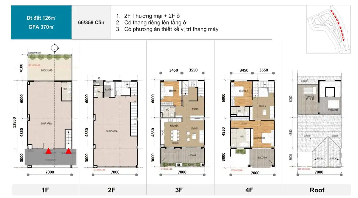 Bản vẽ tư liệu nhà phố thương mại 126 m², thể hiện GFA 370 m² theo phiên bản này