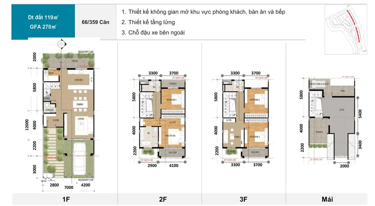 Bản vẽ tư liệu nhà phố 119 m², thể hiện GFA 270 m² theo phiên bản này