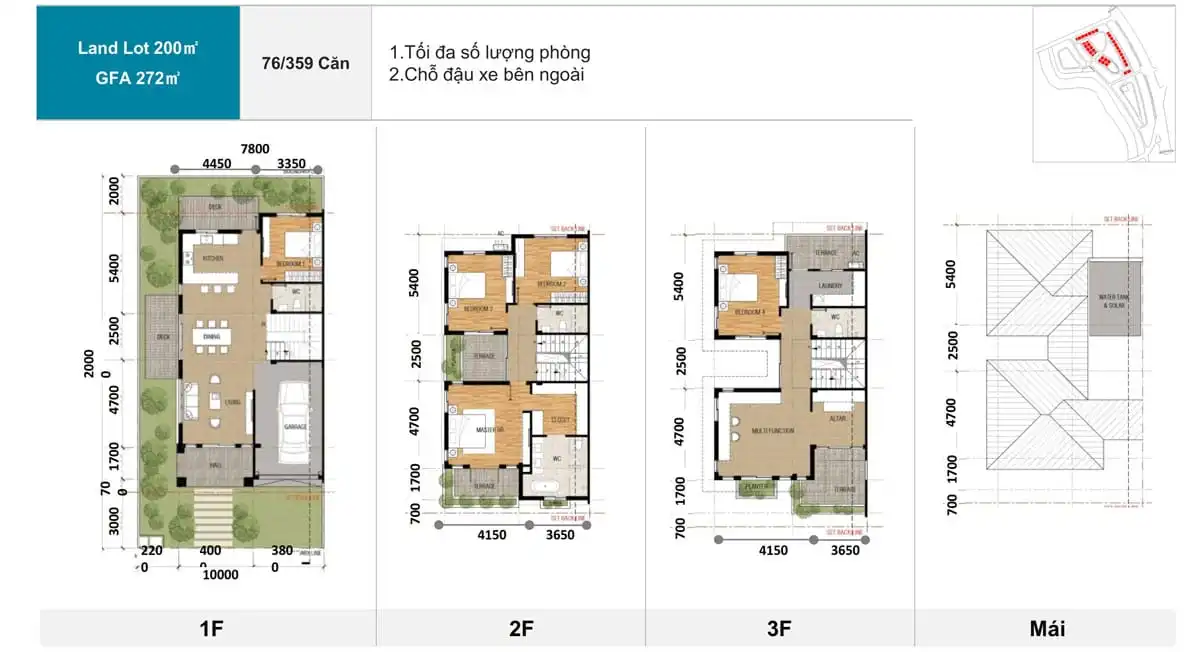 Bản vẽ tư liệu biệt thự song lập 200 m², thể hiện GFA 272 m² theo phiên bản này