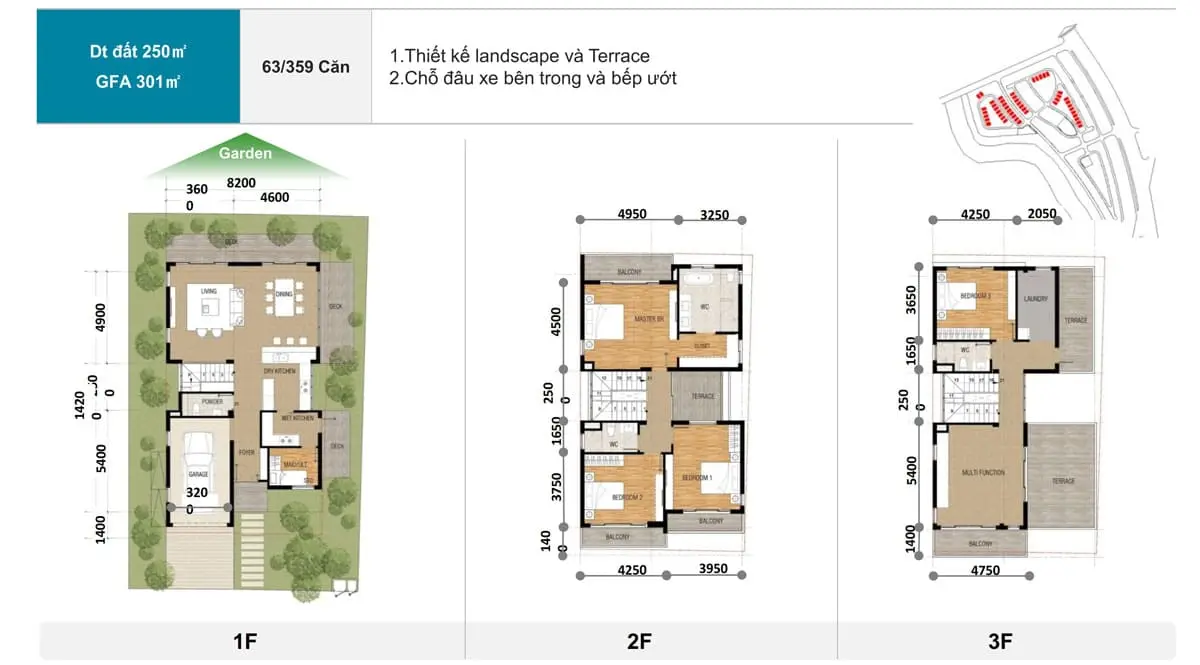Bản vẽ tư liệu biệt thự đơn lập 250 m², thể hiện GFA 301 m² theo phiên bản này
