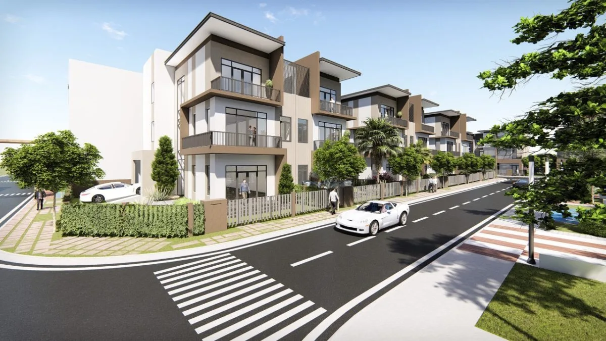 Phối cảnh nhà có sân vườn và góc đường trong thiết kế giới thiệu Pax Residence