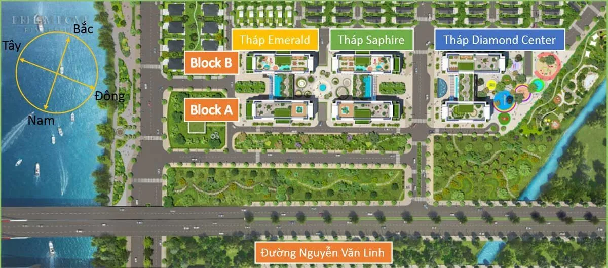 Vị trí ba tháp Emerald, Sapphire và Diamond Center trong tổng thể dự án