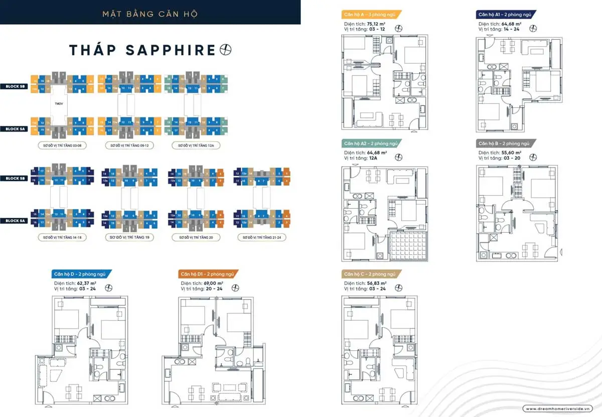 Mặt bằng tầng và các mẫu căn hộ tháp Sapphire