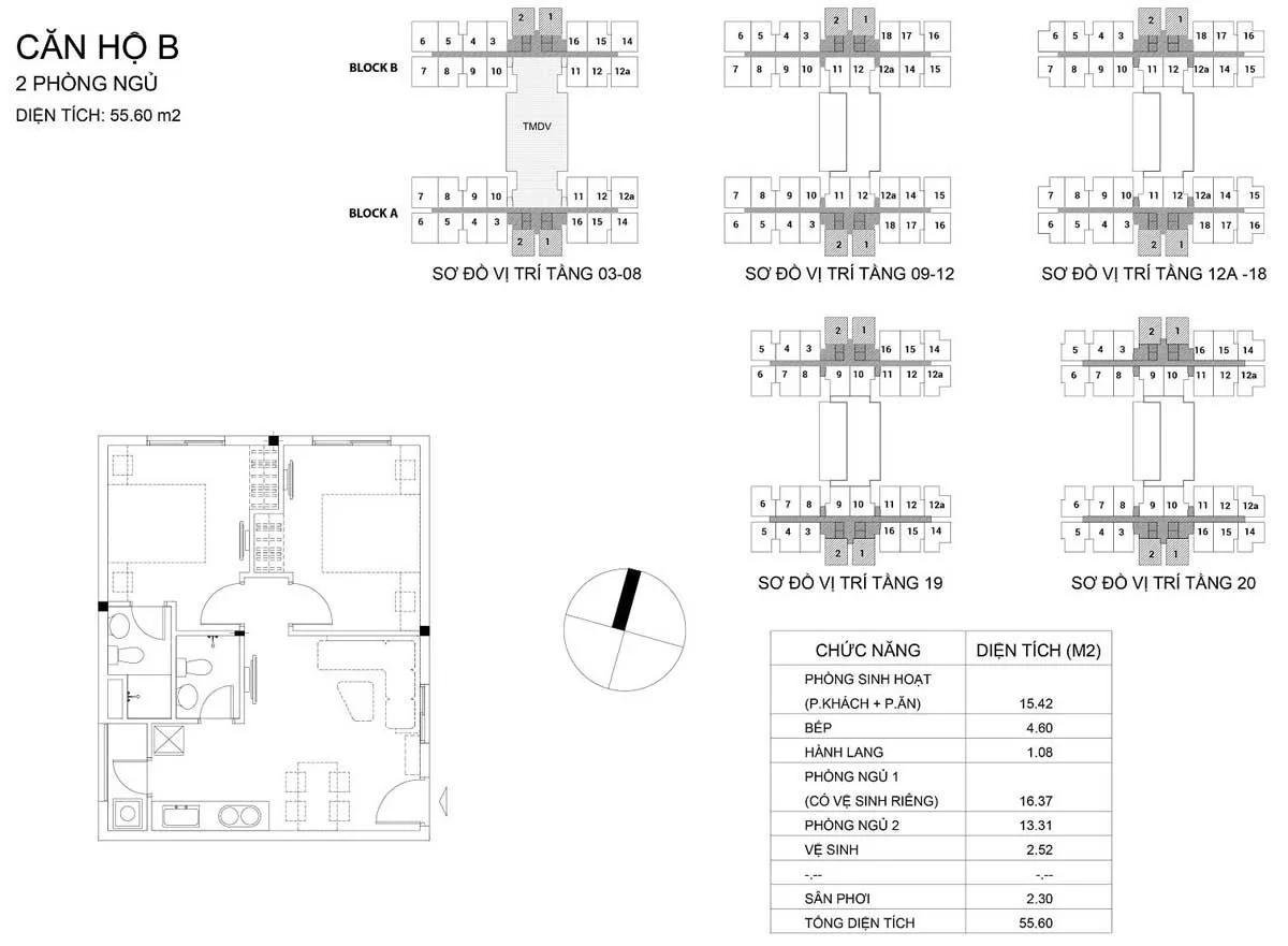 Thiết kế căn hộ mẫu B, 2 phòng ngủ, 55,60 m² Dream Home Riverside
