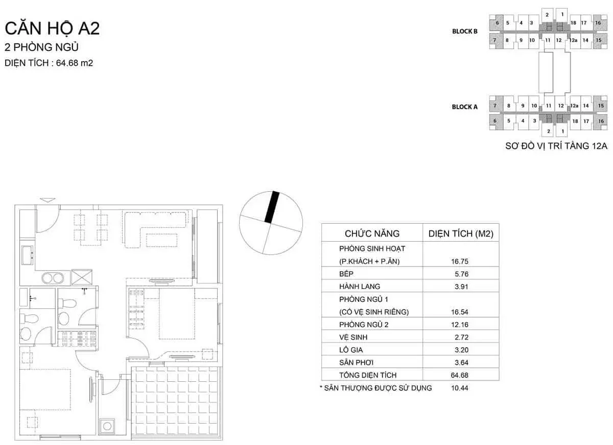 Thiết kế căn hộ mẫu A2, 2 phòng ngủ, 64,68 m² Dream Home Riverside