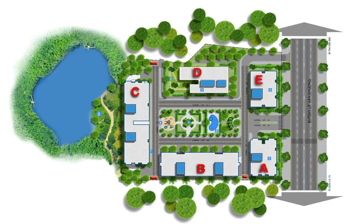 Sơ đồ tổng thể thiết kế các khối A, B, C, D, E của Hiệp Thành Buildings