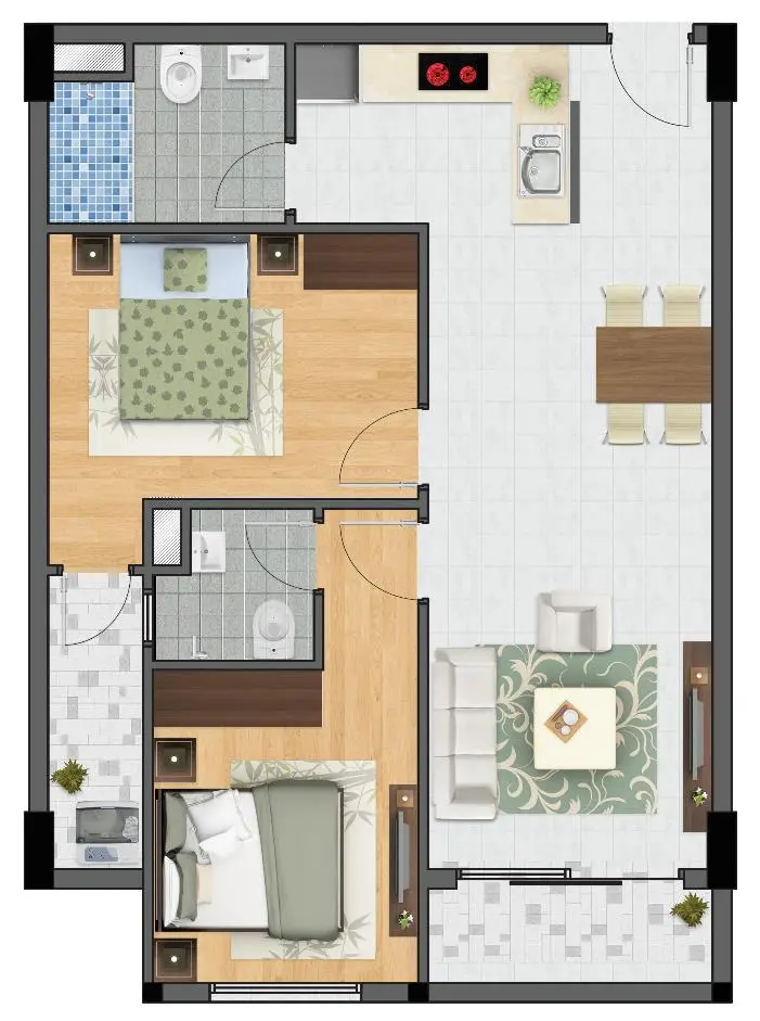 Thiết kế căn hai phòng ngủ 72,84 m² Block C
