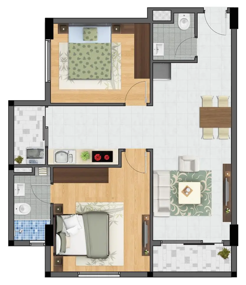 Thiết kế căn hai phòng ngủ 80,16 m² Block C