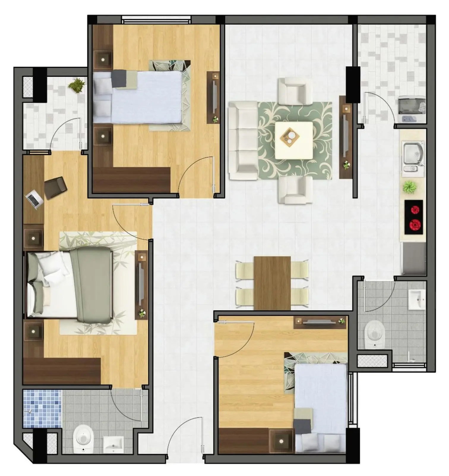 Thiết kế căn ba phòng ngủ 92,96 m² Block C