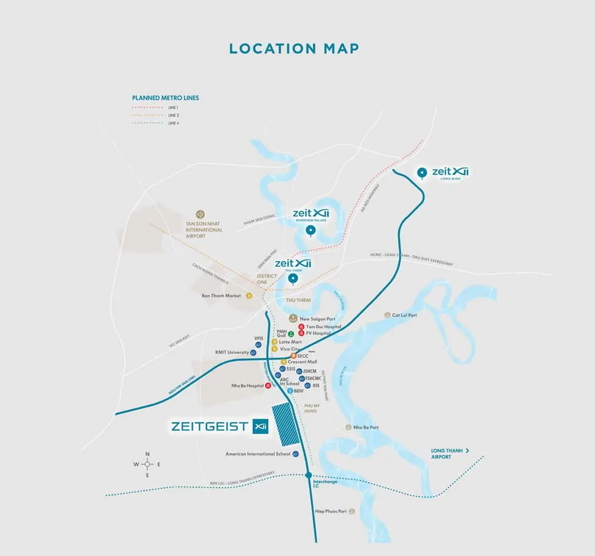 Bản đồ tư liệu kết nối Zeitgeist tại khu Nam; tuyến metro và hạ tầng thể hiện trên hình có nội dung quy hoạch