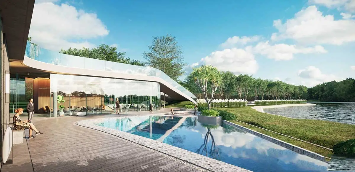 Phối cảnh hồ bơi và không gian sinh hoạt tại clubhouse theo thiết kế giới thiệu