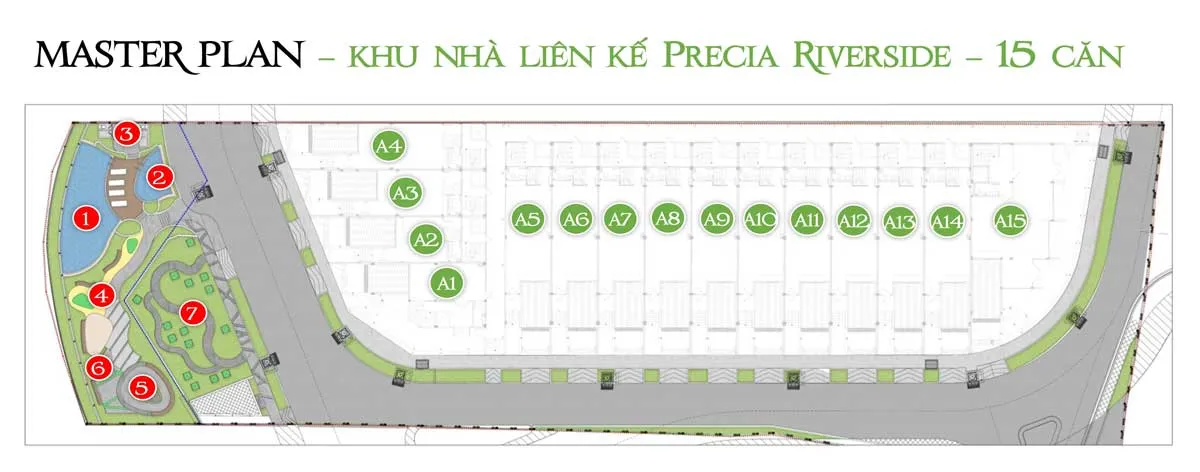 Tổng mặt bằng 15 căn nhà phố Precia Riverside