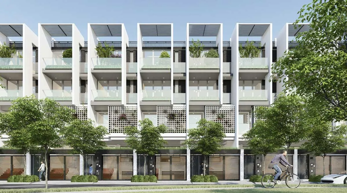 Phối cảnh mặt đứng và cảnh quan khu nhà phố Precia Riverside