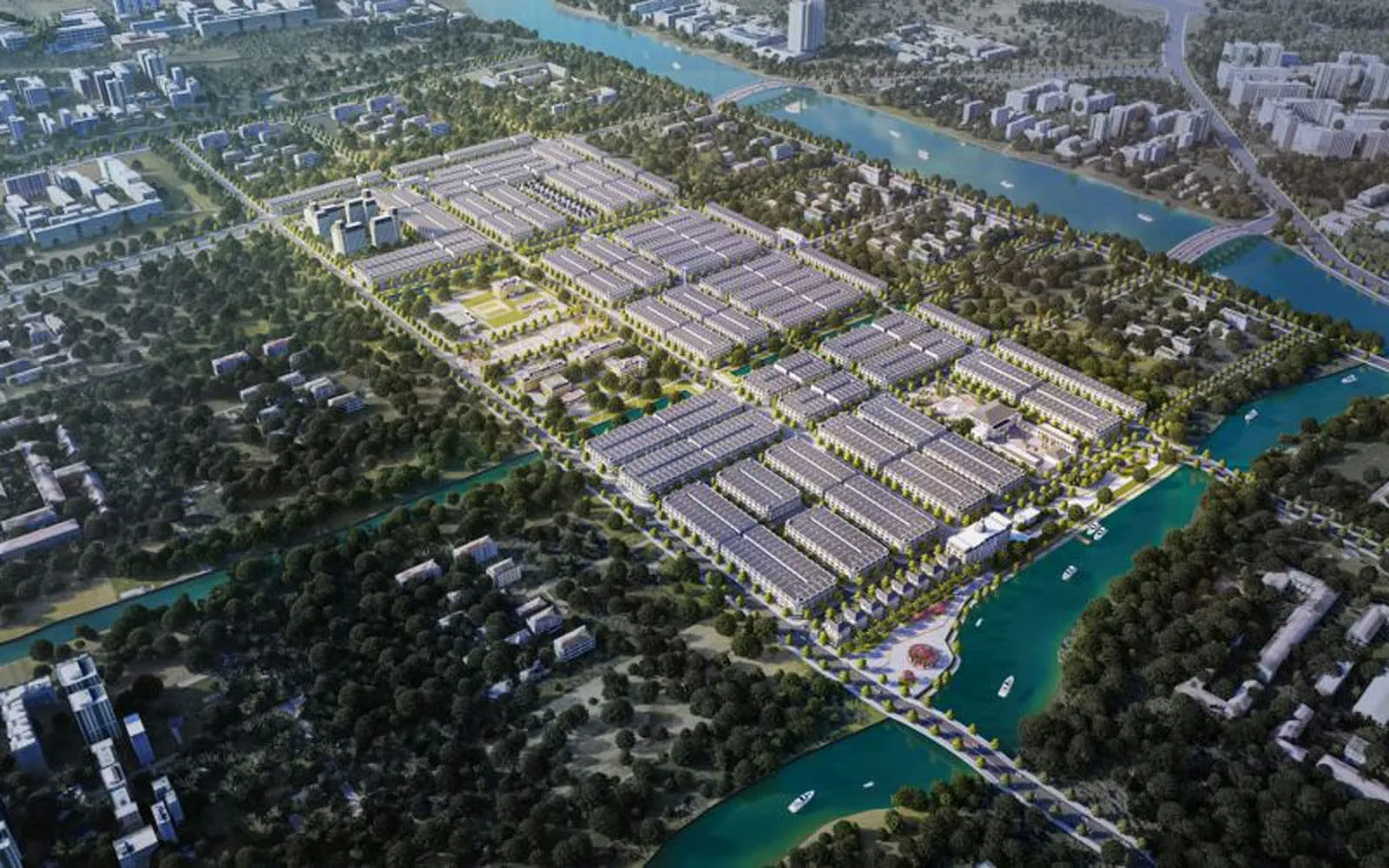 Phối cảnh tổng thể Agora City và hệ thống cảnh quan ven kênh