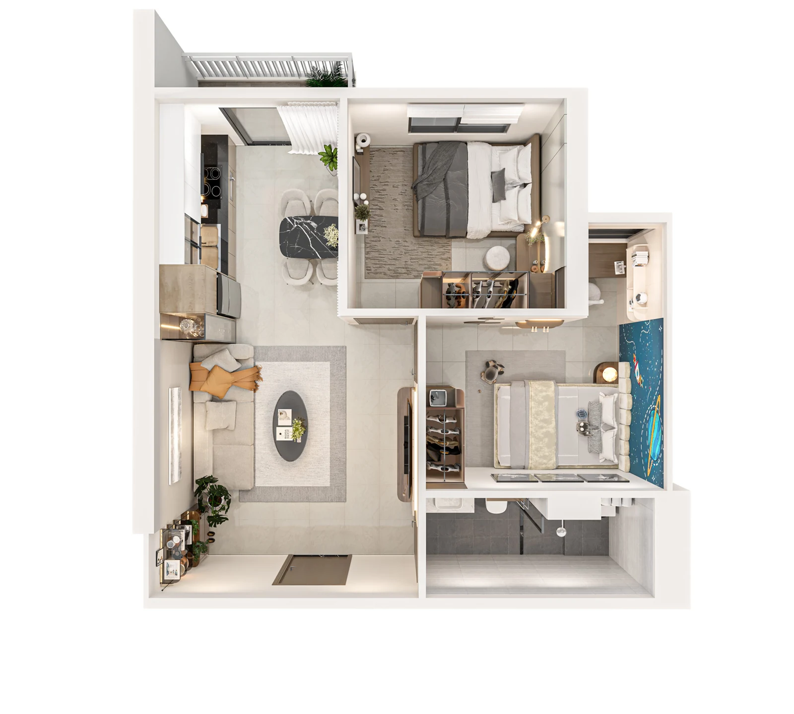 Mặt bằng 3D căn hộ 2 phòng ngủ NBB Garden III