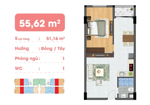 Thiết kế căn một phòng ngủ 55,62 m² Block C Hiệp Thành Buildings