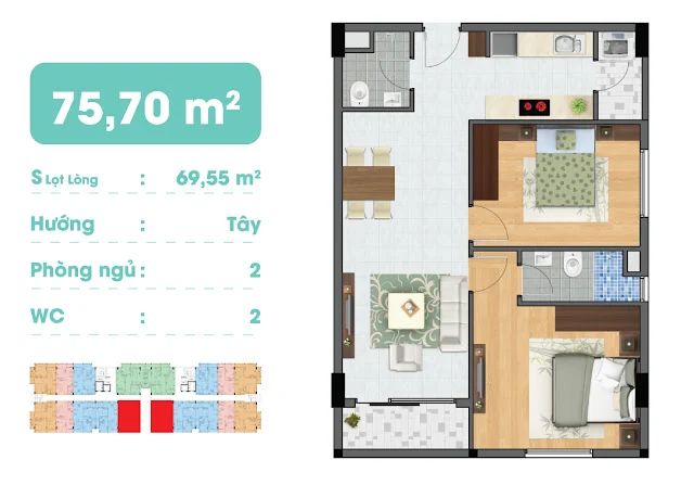 Thiết kế căn hai phòng ngủ 75,70 m² Block C Hiệp Thành Buildings