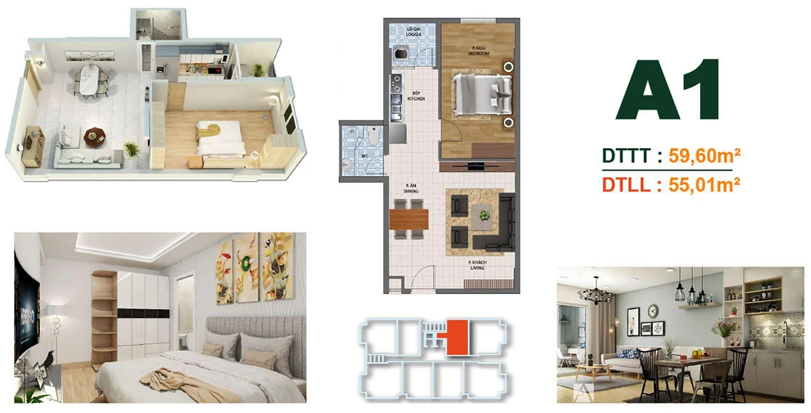 Thiết kế căn A1 Block A, diện tích tim tường 59,60 m² và lọt lòng 55,01 m²