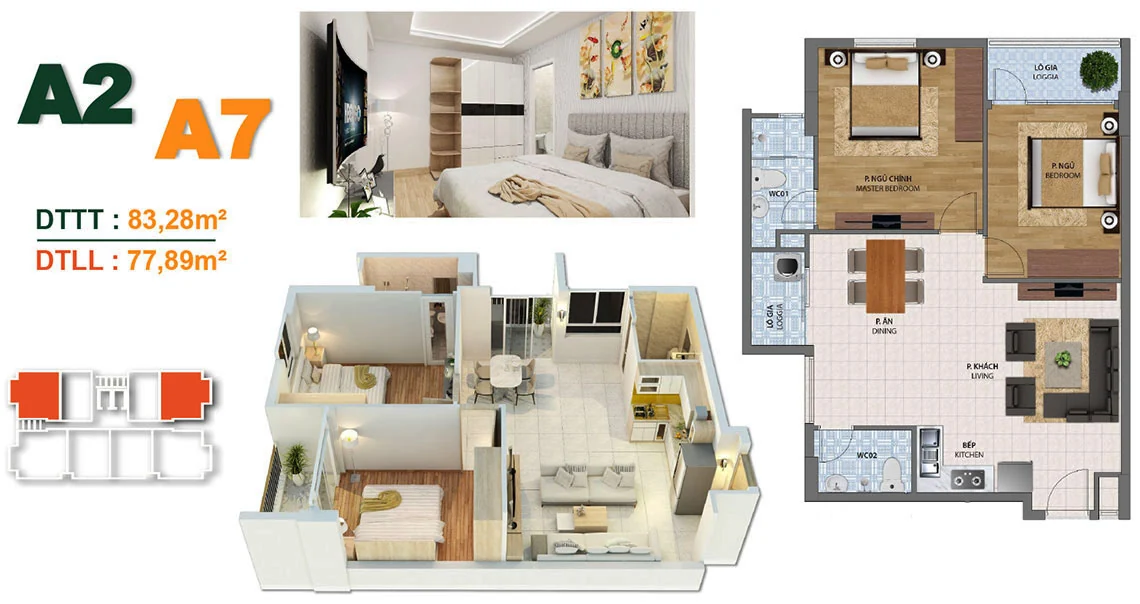 Thiết kế căn A2–A7 Block A, diện tích tim tường 83,28 m² và lọt lòng 77,89 m²