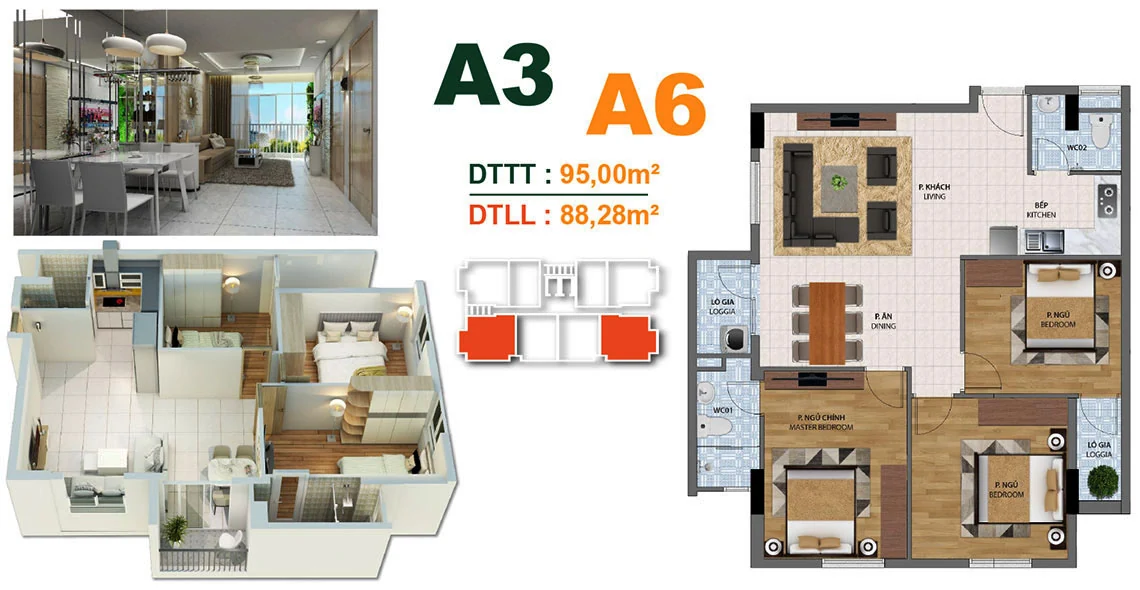 Thiết kế căn A3–A6 Block A, diện tích tim tường 95 m² và lọt lòng 88,28 m²