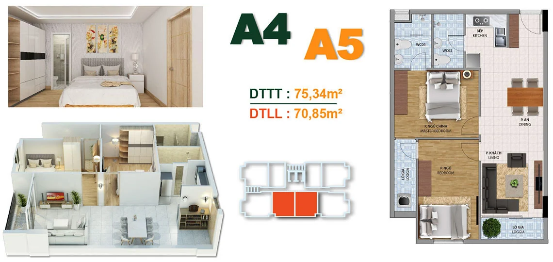 Thiết kế căn A4–A5 Block A, diện tích tim tường 75,34 m² và lọt lòng 70,85 m²