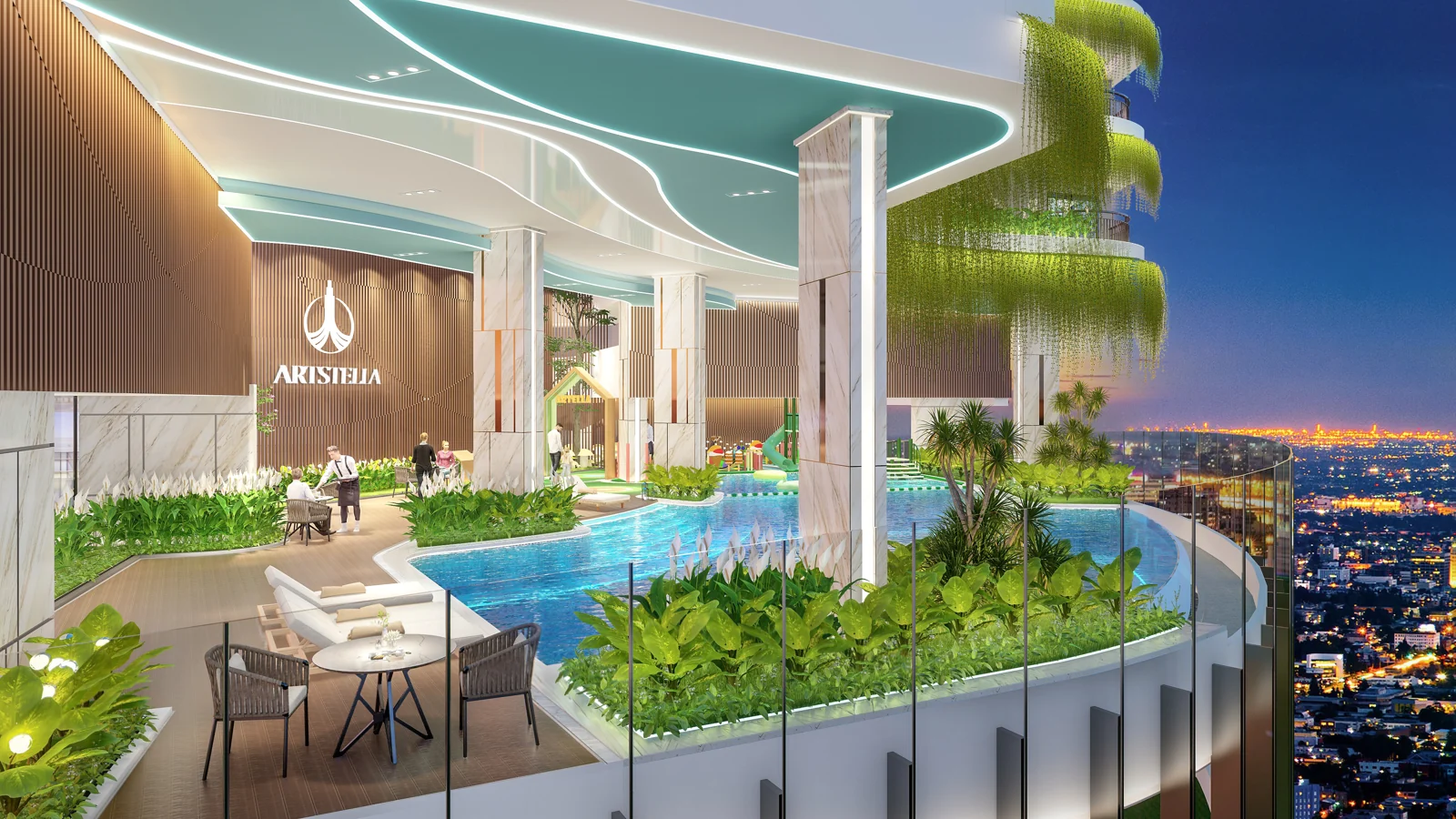 Phối cảnh hồ bơi tràn và sân thư giãn ArtStella
