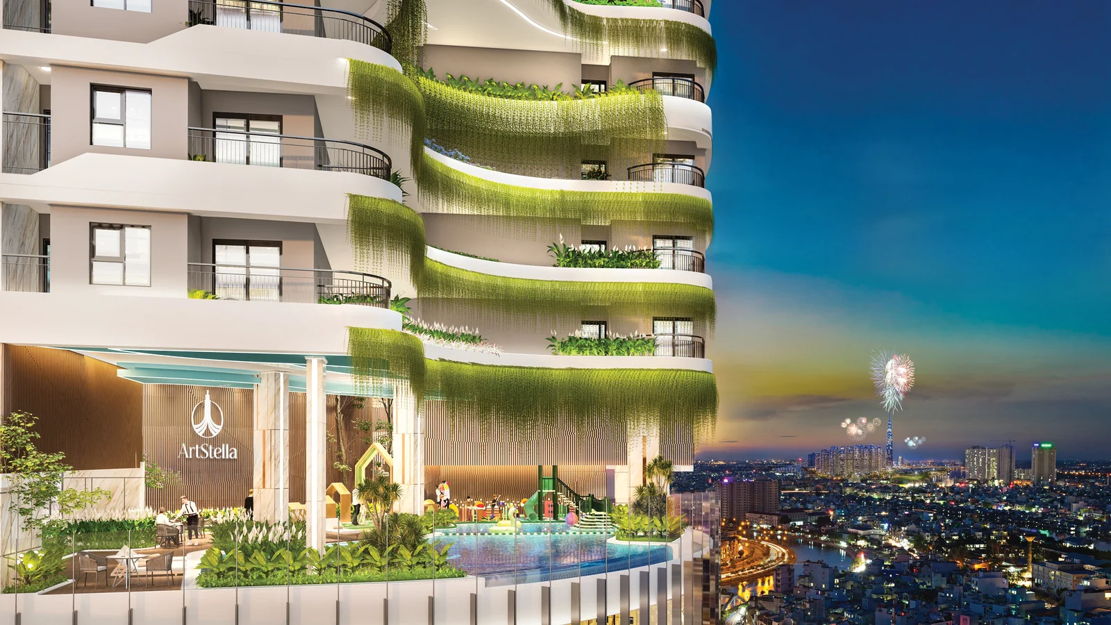 Phối cảnh hồ bơi trên cao lúc chiều tối ArtStella