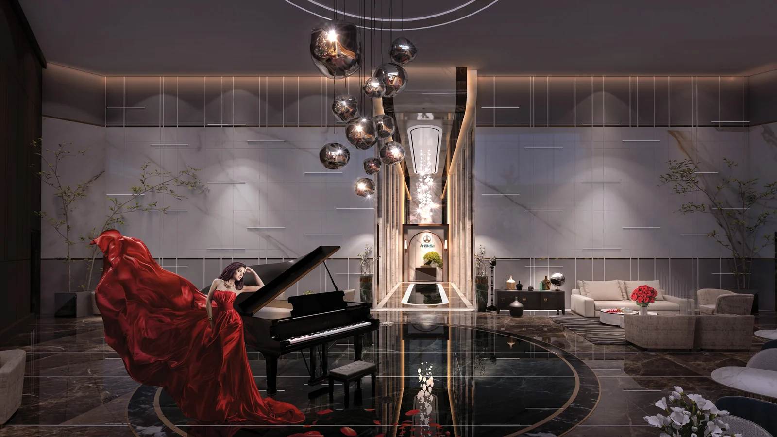 Phối cảnh sảnh tiếp khách và đàn piano ArtStella