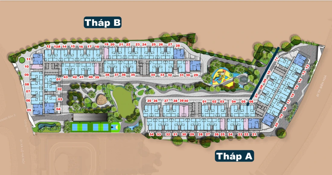 Mặt bằng thiết kế River Collection thể hiện hai tháp A, B, lối nội khu, cảnh quan và các không gian tiện ích.