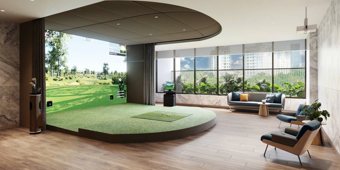 Phối cảnh thiết kế không gian golf trong nhà thuộc tiện ích River Collection.