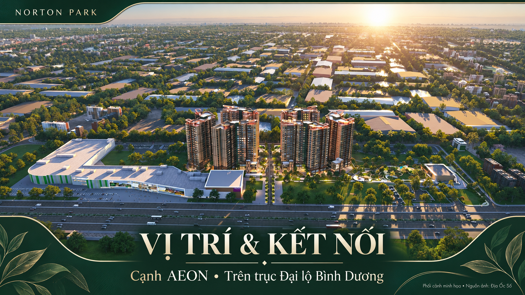 Vị trí Norton Park: lợi thế cạnh AEON và sân golf trong nhịp sống Thuận Giao 20 Phối cảnh vị trí Norton Park bên AEON Mall và trục đường khu vực