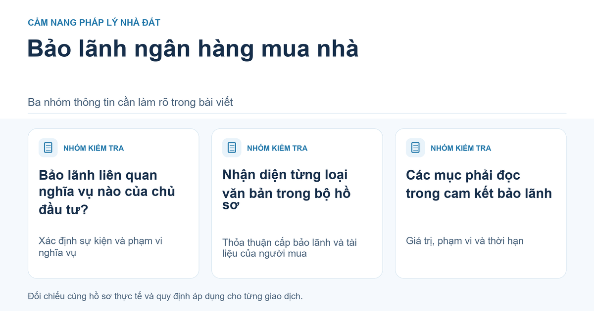Bảo lãnh ngân hàng khi mua nhà hình thành trong tương lai: Đọc hồ sơ thế nào? 4 Đồ họa kiểm tra nghĩa vụ bảo lãnh, loại văn bản và nội dung cam kết của ngân hàng.