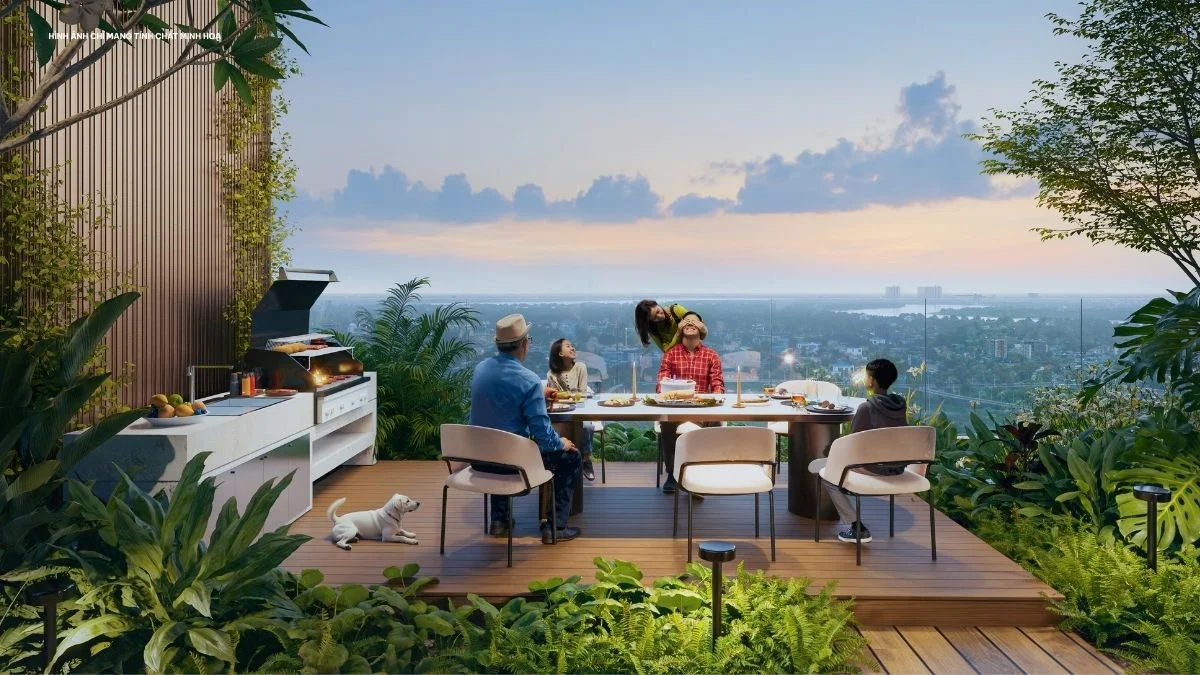 Tiện ích cho trẻ em tại Palm River: không gian gắn kết cả gia đình 4 Phối cảnh khu BBQ trên cao Palm River với bàn ăn ngoài trời và cảnh quan