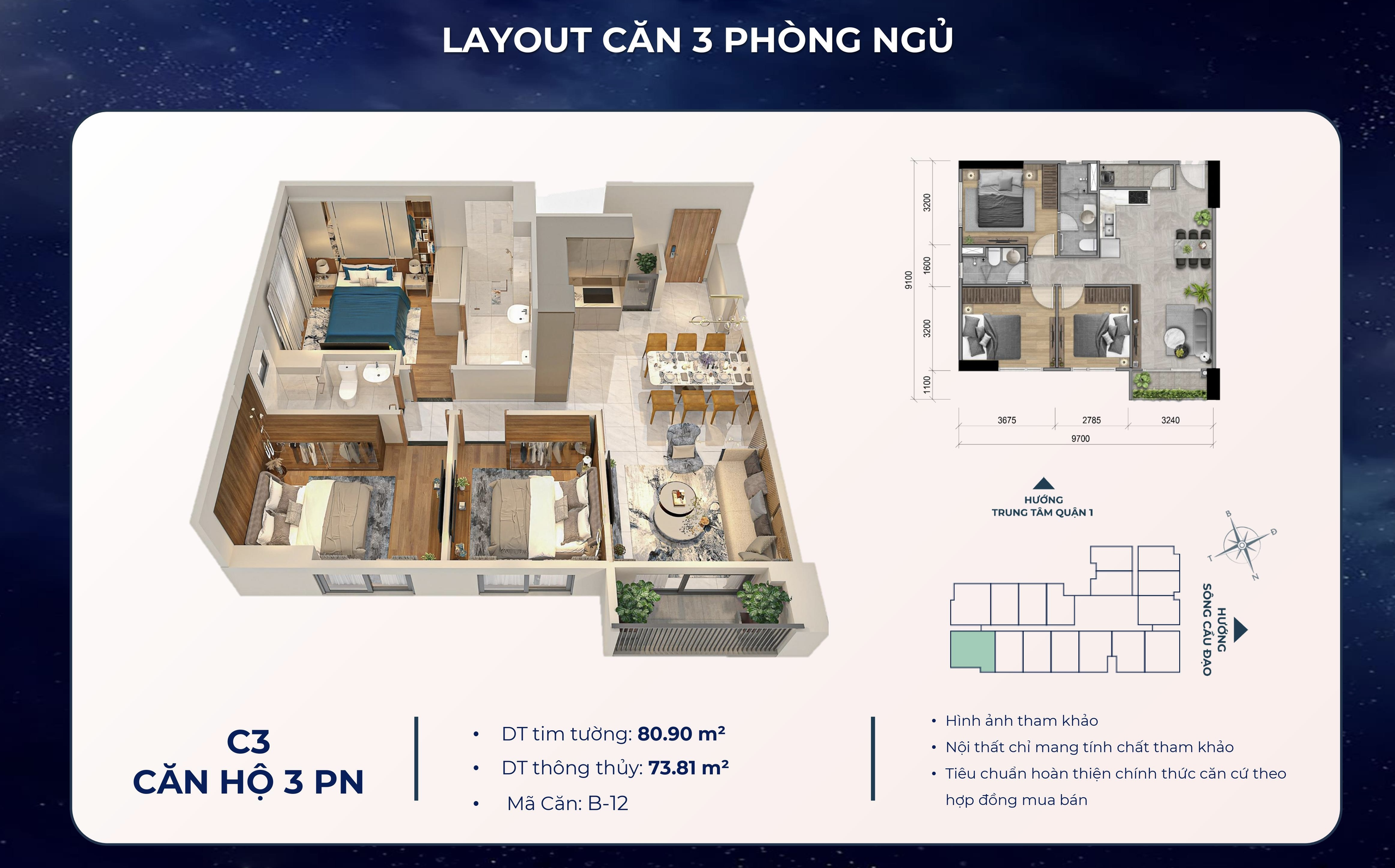 Căn hộ 3 phòng ngủ Khải Hoàn Prime: khoảng riêng cho từng thành viên, không gian chung cho cả nhà 9 Sơ đồ và phối cảnh layout C3 căn 3PN mã B-12 tháp Mika