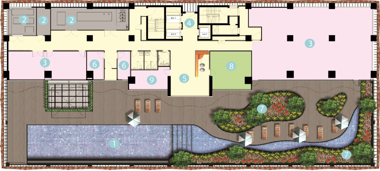 Sơ đồ thiết kế khu tiện ích Waterina Suites với hồ bơi, gym, sảnh và cảnh quan.