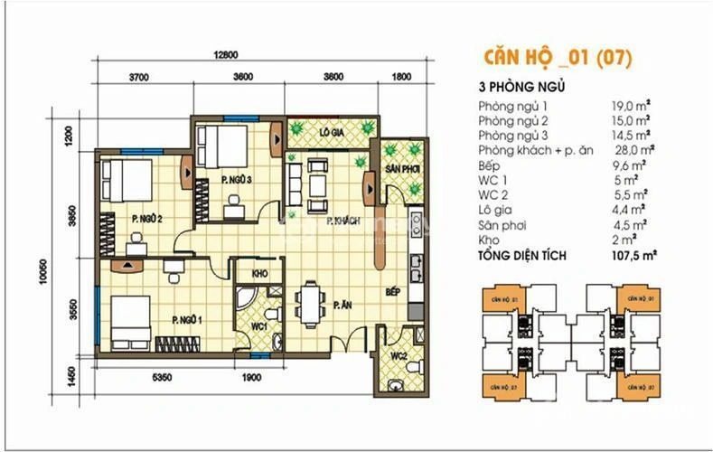 Mặt bằng căn 01 và 07 diện tích 107,5 m² Tecco Tower Linh Đông
