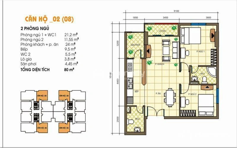 Mặt bằng căn 02 và 08 diện tích 80 m² Tecco Tower Linh Đông