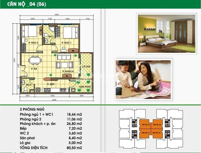 Mặt bằng căn 04 và 06 diện tích 80,5 m² Tecco Tower Linh Đông