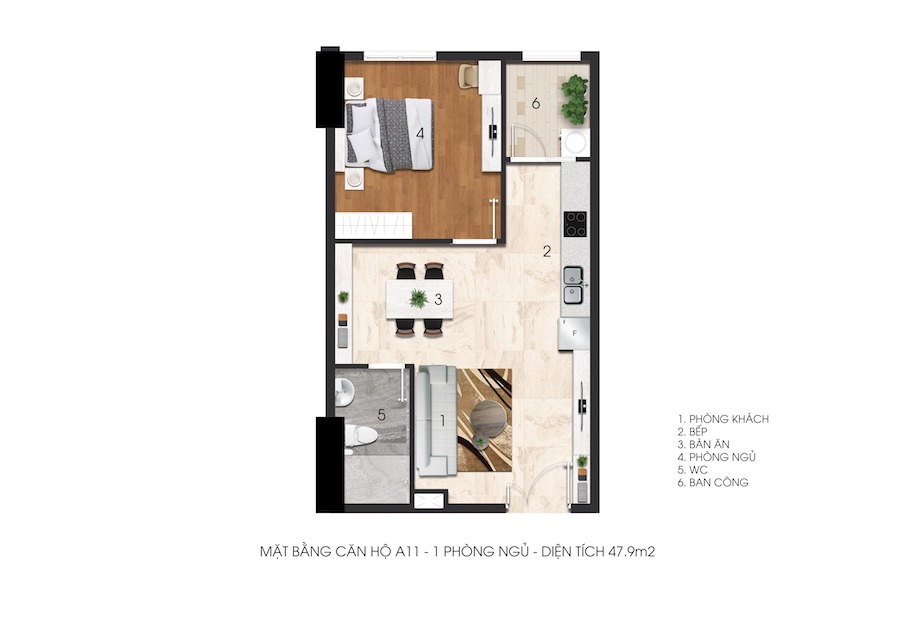 Mặt bằng căn 1 phòng ngủ A11 Citrine Apartment, 47,9 m²