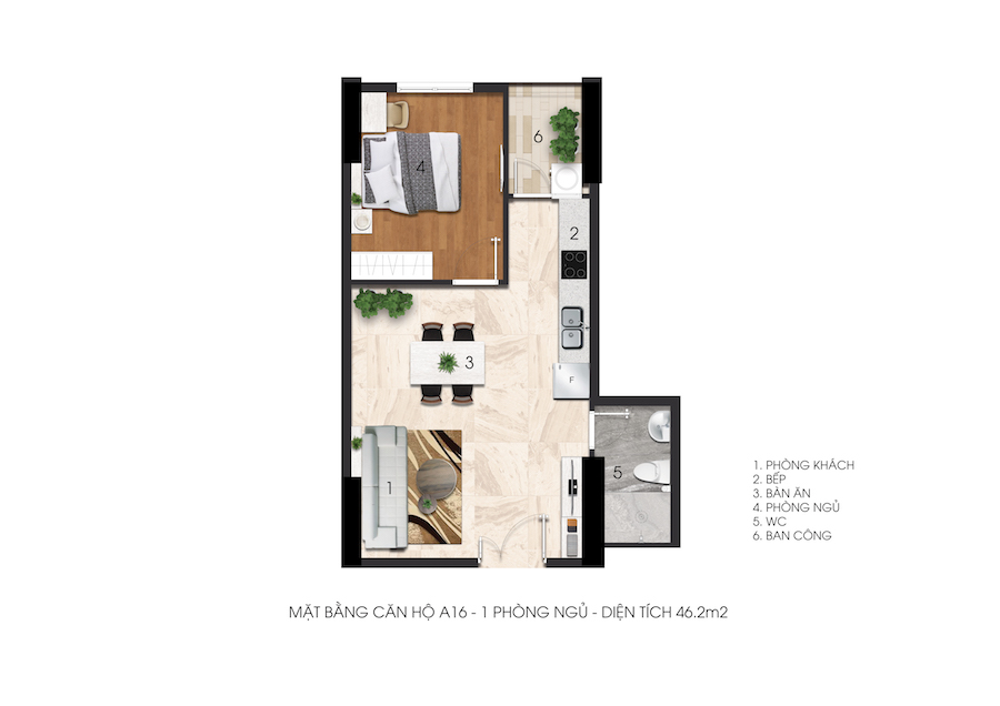 Mặt bằng căn 1 phòng ngủ A16 Citrine Apartment, 46,2 m²