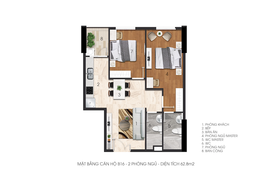 Mặt bằng căn 2 phòng ngủ B16 Citrine Apartment, 62,8 m²