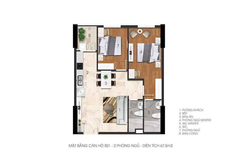 Mặt bằng căn 2 phòng ngủ B21 Citrine Apartment, 67,5 m²