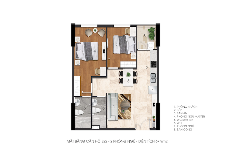 Mặt bằng căn 2 phòng ngủ B22 Citrine Apartment, 67,9 m²