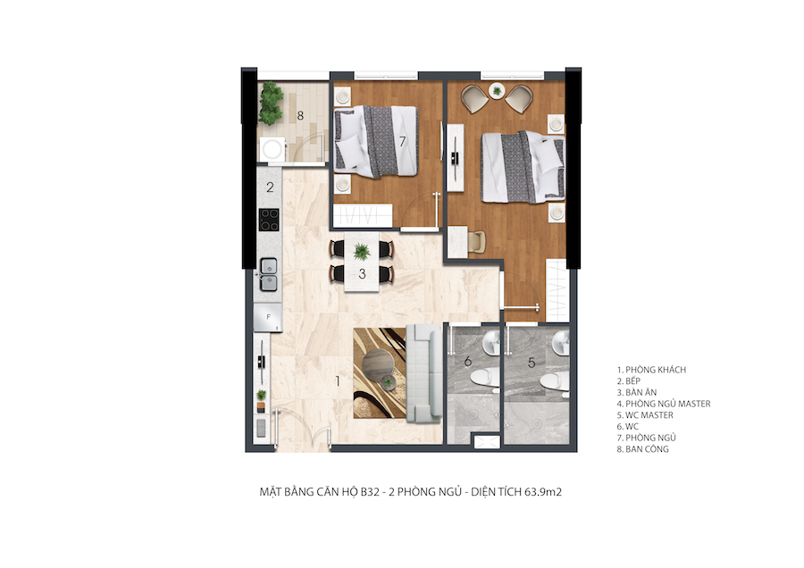 Mặt bằng căn 2 phòng ngủ B32 Citrine Apartment, 63,9 m²