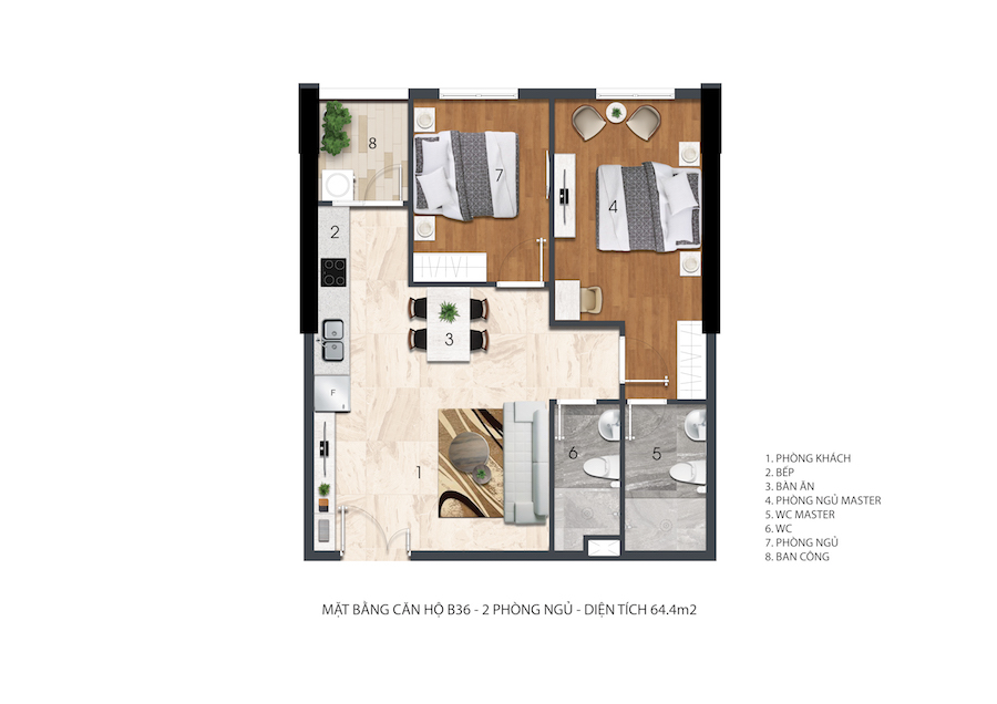 Mặt bằng căn 2 phòng ngủ B36 Citrine Apartment, 64,4 m²